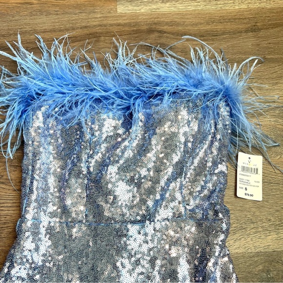 Windsor Baby Blue Sequin Dress with Feather Trim - Picture 4 of 5